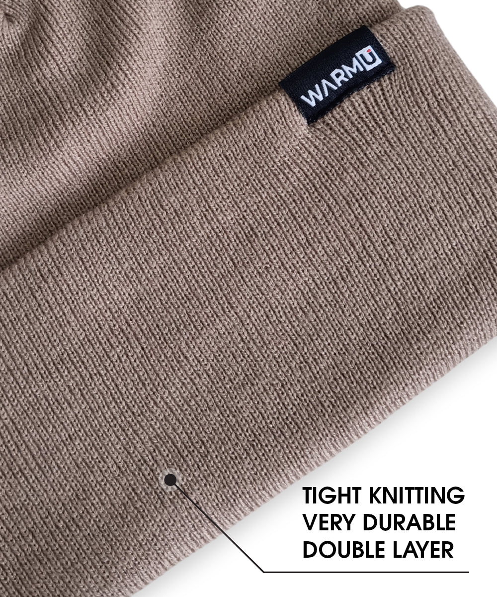 WarmU Beige Lightweight Cuffed Beanie - Fine-Knit Unisex Skull Cap